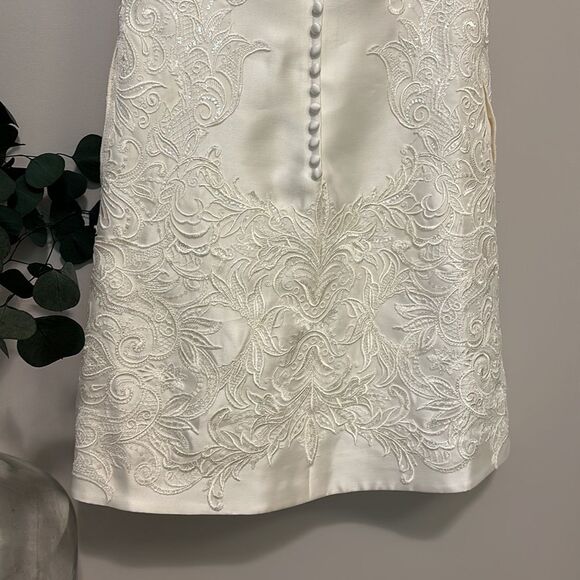 Galina NWT Mikado Ivory Lace Sequin Knee Length Bridal Rehearsal Dress - Picture 8 of 9
